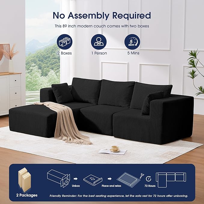 KINGYES Boneless Chaise Lounge Chair for Modular Sectional Sofa L Shape Corduroy Upholstered Chaise Lounge for Living Room Black
