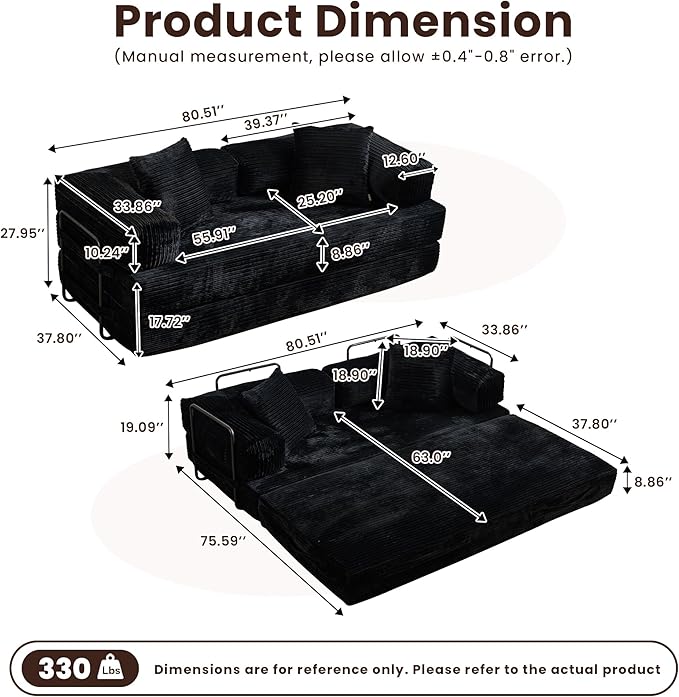 4-in-1 Convertible Sleeper Sofa Bed80 Inch Corduroy Loveseat Sleeper with Pull Out BedBoneless Couch with Fixed-Shape FrameFloor Sofa Modular Couch for Living Room Bedroom Lounge (Black)
