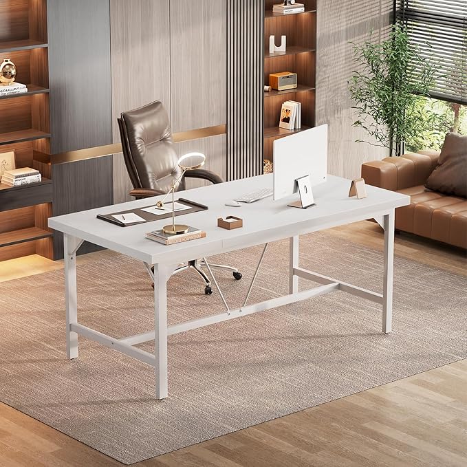 Unikito 63 Inch Computer Desk Sturdy Large Office Desk Premium 2 Person Long Desks Super Thick Study Writing Gaming Table Modern Computer Table for Home Office Workstation Easy to Assemble White