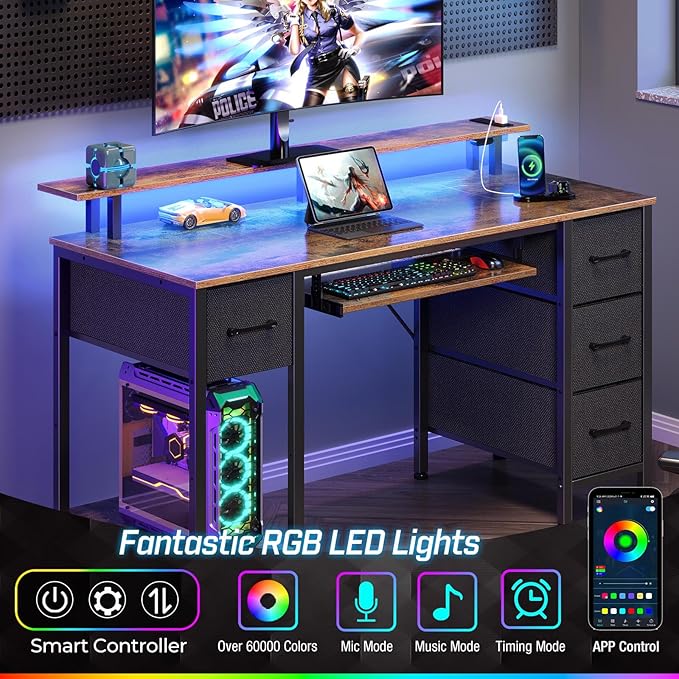 Seventable Computer Desk 47.2 with LED Lights &amp Power Outlets Home Office Desk with 4 Drawers Writing Desk with Keyboard Tray Study Table with Monitor Stand Work Desk for Home Rustic Brown