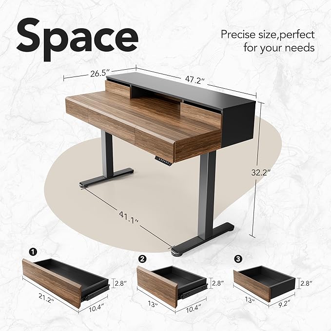 HUANUO Standing Desk with Drawers 48 Inches Electric Height Adjustable Desk with Storage Whole-Piece Board Sit Stand Up Desk with Monitor Shelf Black Walnut