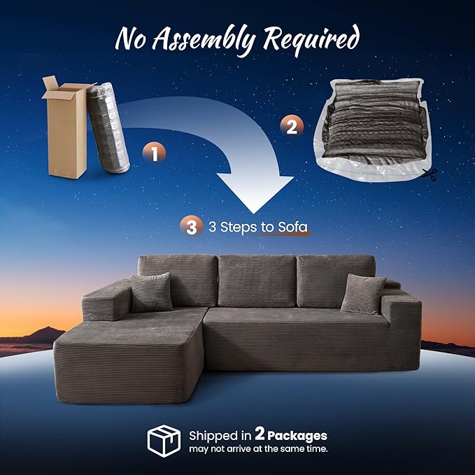 ovios 104 Cloud Boneless Couch with Glitter Fabric Moudular Sectional Sofa with Deep Seat No Assembly Required Modern Minimalist L Shaped Couches with Chaise for Living Room Grey