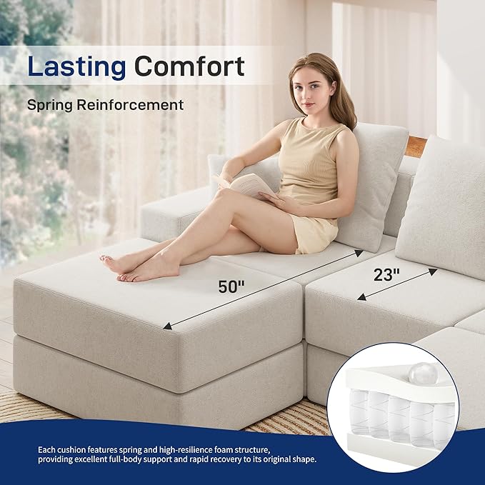 Living&ampGiving 101 U-Shaped Cloud Sectional Couch for Living Room Cloud Boneless Couch-No Assembly with Reversible Chaise Customizable 3-Seat Modular Sectional Sofa with 2 Ottoman Beige