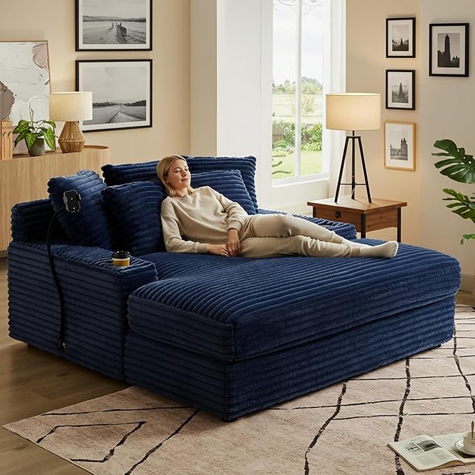 65.35 Oversized Chaise Lounge Chair for 2 Upholstered Sleeper Sofa Bed with Cup Holders | Charging Station | Removable Backrest | Backrest Pilow Fluffy Chair Sofa Couch for Living Room