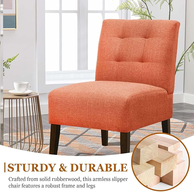 Modern Accent Chair for Living Room Upholstered Armless Slipper Chair with Back &amp Wood Legs Comfy Small Chair for Bedroom Living Room Reading Spaces Office (Orange2)