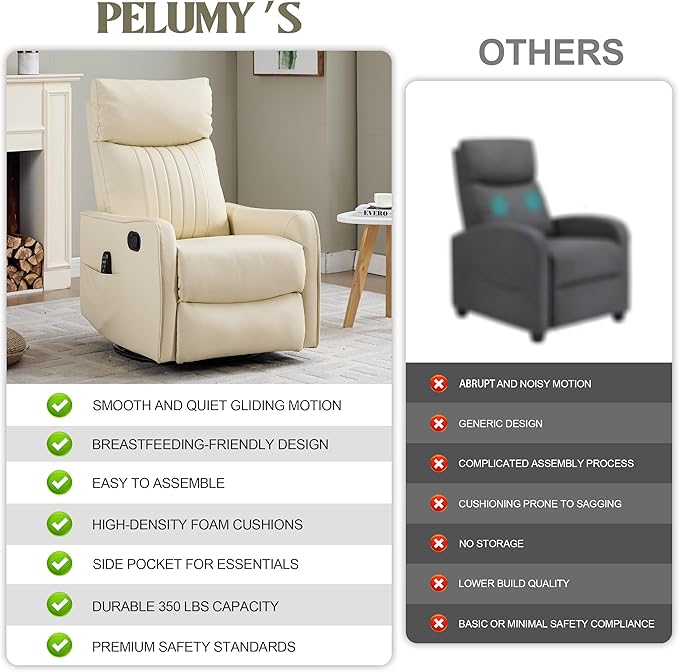 PELUMY 360 Swivel Rocking Recliner Chair for Adults Nursery Rocking Chair with Heat and Massage Glider Reclining Chair for Small Space Living Room Bedroom (Breathable Leather Creamy Beige)