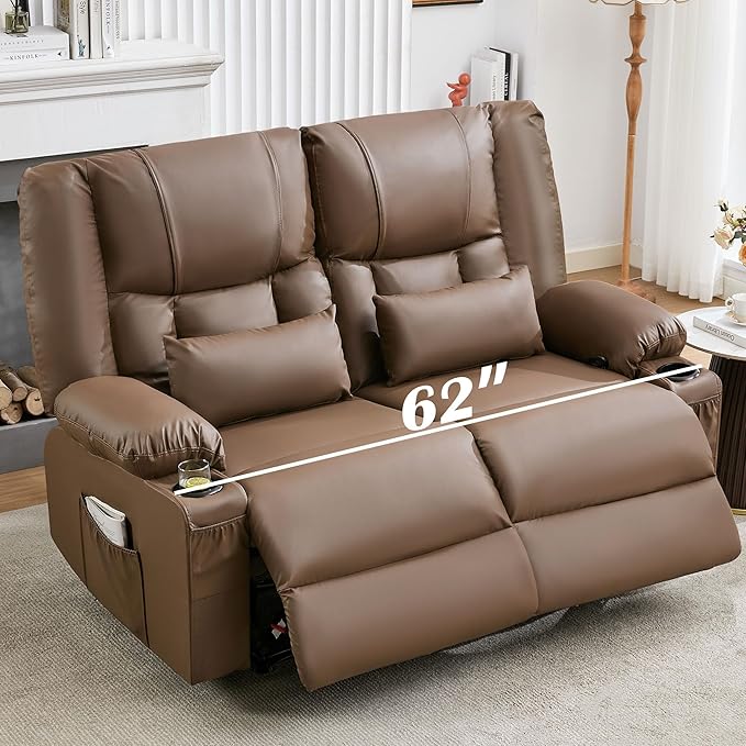 Brown Leather Reclining Loveseat with Massage/Heat/Pillow/USB/Cup Holders Oversized Loveseat Recliner for Living Room Manual Reclining Sofa for Adults 700 Lbs Capacity (Brown)
