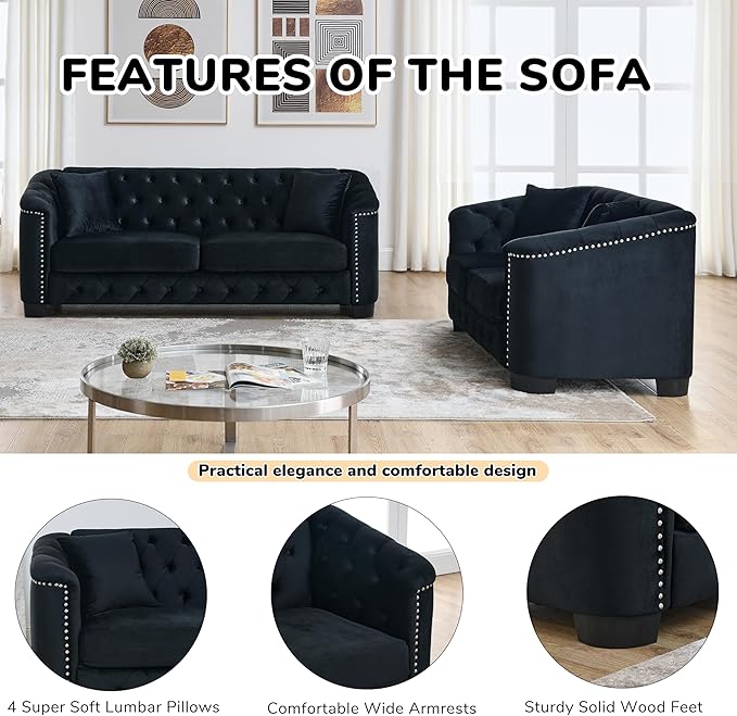 2 Piece Modern Chesterfield Velvet 77 3-Seater + 59 Loveseat Sofa Set Upholstered Tufted Backrests with 8 Nailhead Arms and 4 Cushions for Living Room (Black 77 3-Seater + 59 Loveseat Sofa Set)
