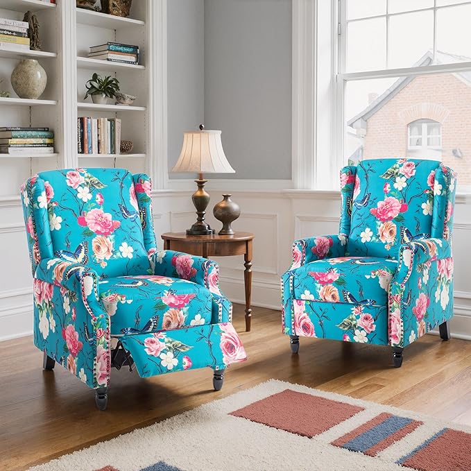 Floral Pushback Recliner Chair Fabric Upholstered with Rivet Trim for Living Room Home Theater Accent Club Chair - Peacock Blue Rose