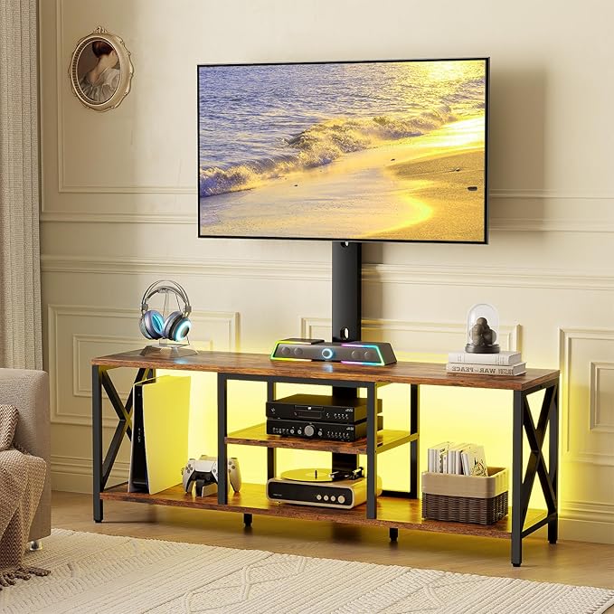 TV Stand with Mount and LED Lights Universal TV Stand Mount for 32-75 inch TV Entertainment Center with Storage Metal TV Console Table Height Adjustable TV Stands for Living Room Rustic Brown