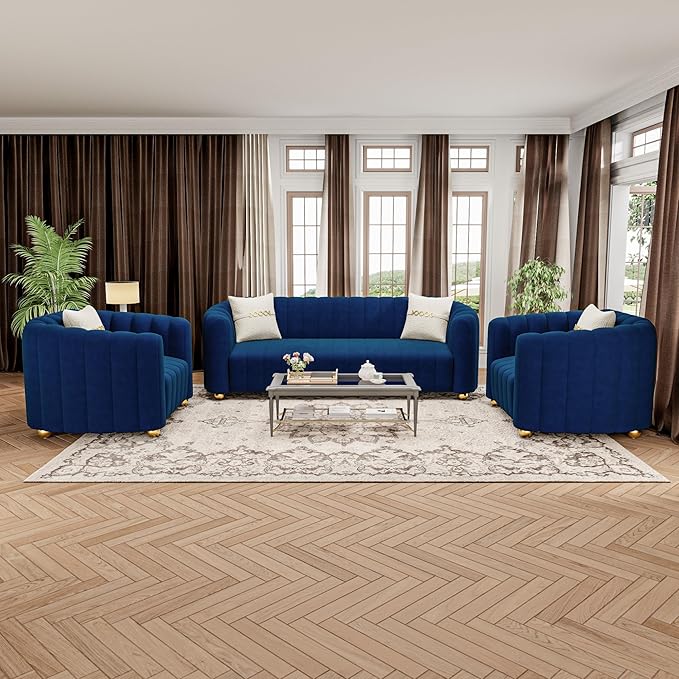 42 Velvet Sofa Chair for Living Room Modern Single Sofa with Gold Metal Sphere Legs (Blue-1 Seater)