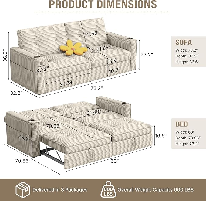 Rovibek 73.2 Convertible Sofa Bed Pull Out Couch with USB Charging Port &amp Cup Holders Adjustable Backrest Side Pockets Modern Corduroy Sleeper Sofa for Living Room Bedroom Apartment Beige