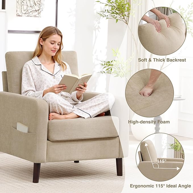 Accent Chair for Living Room Modern Reading Chair for Bedroom Upholstered Armchair with Wood Legs and Side Pockets Single Sofa Side Chair for Office Small Room Apartment Light Brown