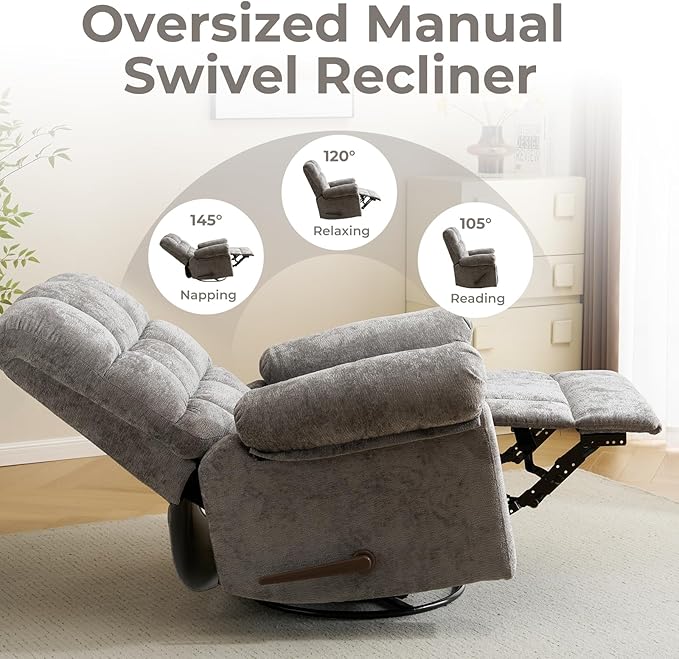 Oversized Swivel Rocker Recliner with Heat and Massage Comfy Rocking Chair Overstuffed Rocker ReclinerWide Manual Recliners for Living RoomGrey