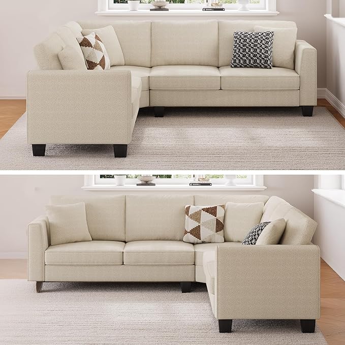 ONBRILL L Shaped Couch Small Corner Sectional Sofa for Living Room Comfy Chenille L Shape Sofa with 3 Throw Pillows Easy Assembly Convertible Sectional Sofa Couches for Apartment Beige