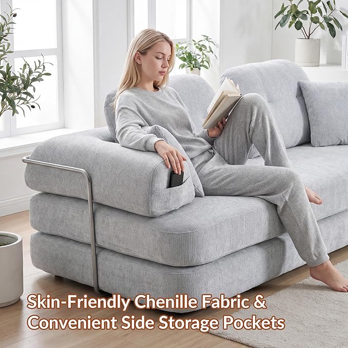Floor Sofa Modern Chenille Modular Couch with Large Ergonomic Backrest Non-Slip Sleeper for Small Apartment &amp Compact Space No Assembly Required (Pebble Gray 82'')