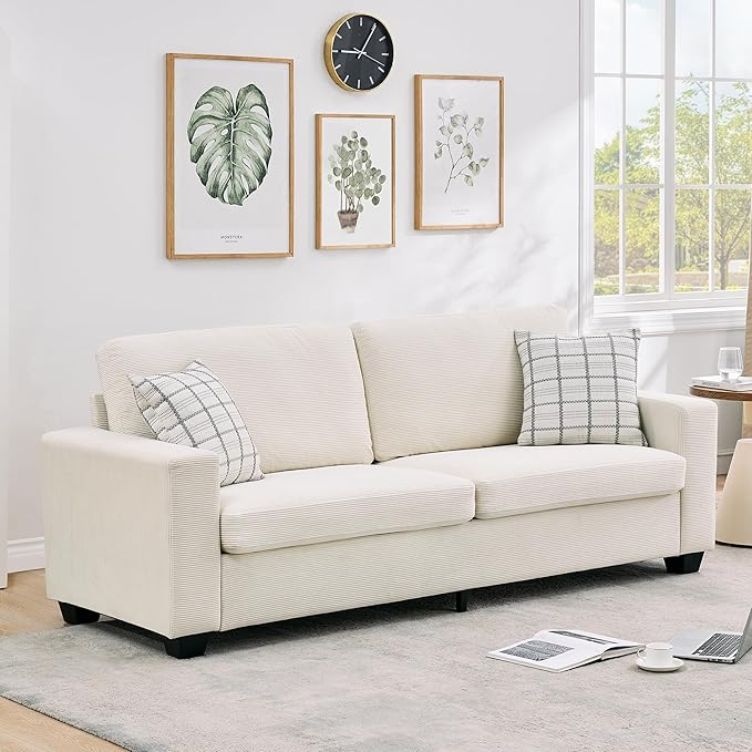 Modern Loveseat Sofa Couches for Living Room 83 Boneless Comfy Corduroy Sofa for Apartment Bedroom or Office Soft Upholstered Couch Compact Spaces Deep Seats Wood Frame Removable Cover White
