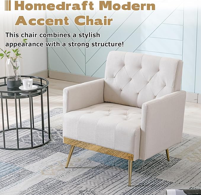 Linen Accent Chair Modern Upholstered Living Room ChairComfy Single Sofa with Button Tufted Back and Golden Metal Legs for Reading Bedroom Waiting Room Beige