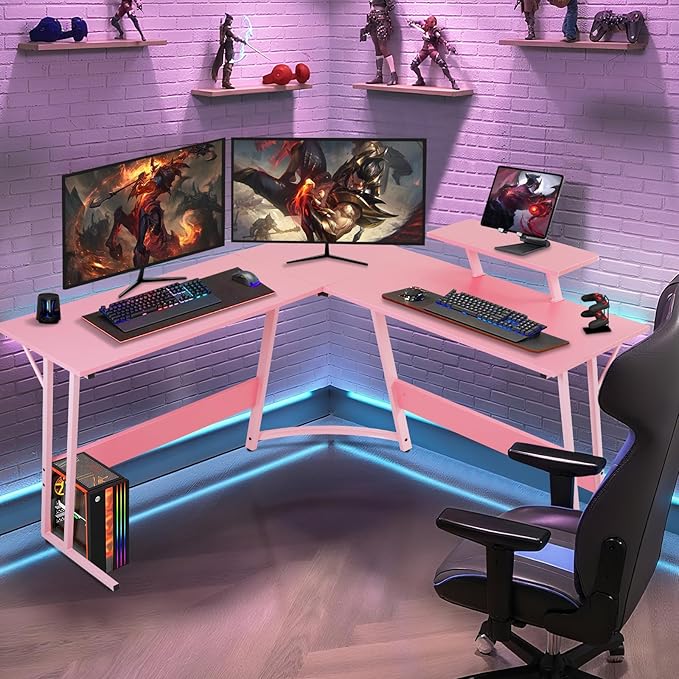 51 Inch L Shaped Gaming Desk Corner Computer Desk with Detachable Monitor Stand for Home Office Learning Gaming WorkstationPink