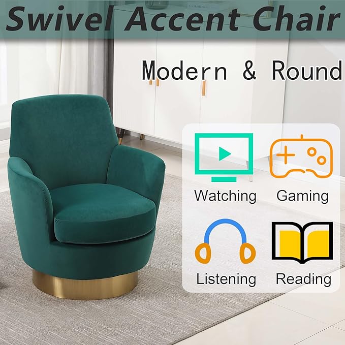 Velvet Swivel Accent Chairs for Living RoomComfy Swivel Barrel Chair with Foam Cushion Round Swivel Chair &amp Boucle Swivel Chair with High Back Round Armrest Gold Base (Green)