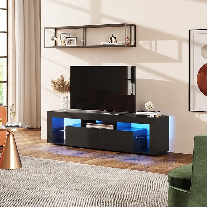 WLIVE 63 inch TV Stand for 50 55 60 65 70 75 Inch TVs Modern Entertainment Center with LED Lights &amp 2 Large Storage Drawers TV Console Gaming Media Television Stands for Living Room Bedroom(Bla