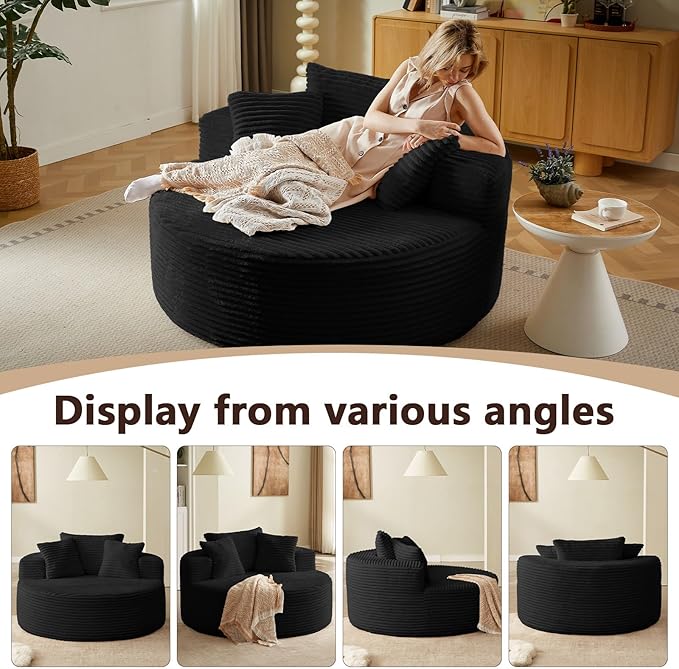 55''Oversized Round Chair Lounge Chaise IndoorCloud Boneless Large Circle Chair with Plush CorduroyNo Assembly RequiredFluffy Modern Sleeper Sofa Bed for ReadingLiving Room(blackFabric Upgrade)