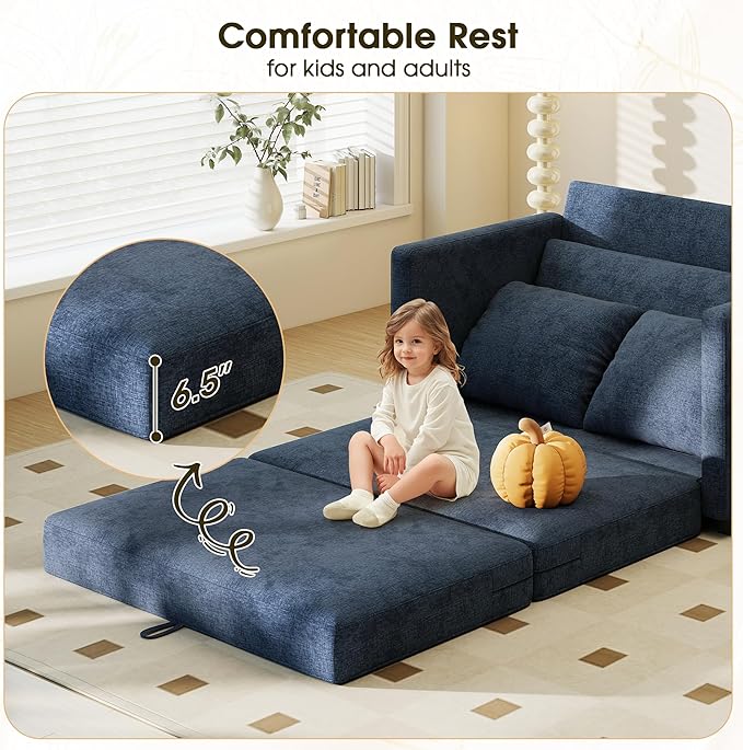 51 Convertible Sofa Bed 2 in1 Folding Sofa Bed Loveseat Sleeper Sofa for Small Spaces Fold Out Floor Couch with 2 Pillows for Apartment Living Room &amp Guest Room Deep Blue Chenille Fabric
