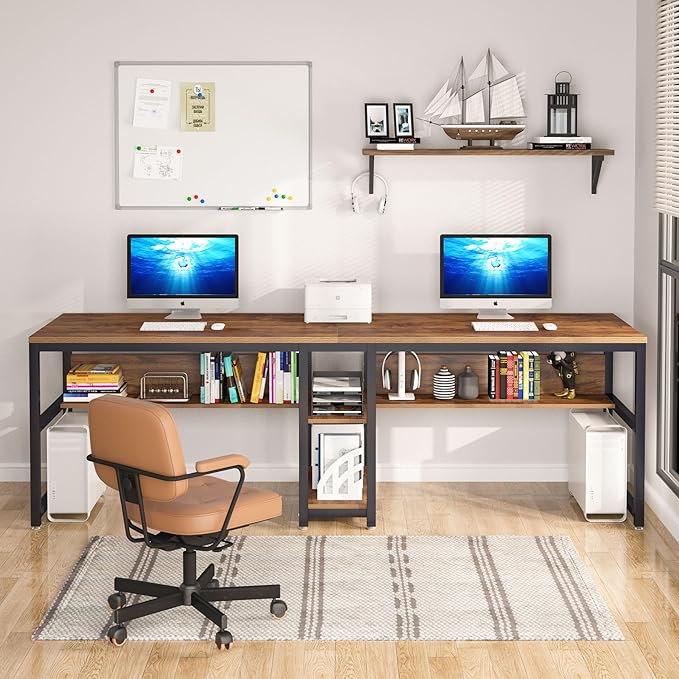 Tribesigns Two Person Desk with Bookshelf 78.7 Computer Office Double Desk for Two Person Rustic Writing Desk Workstation with Shelf for Home Office (Brown)