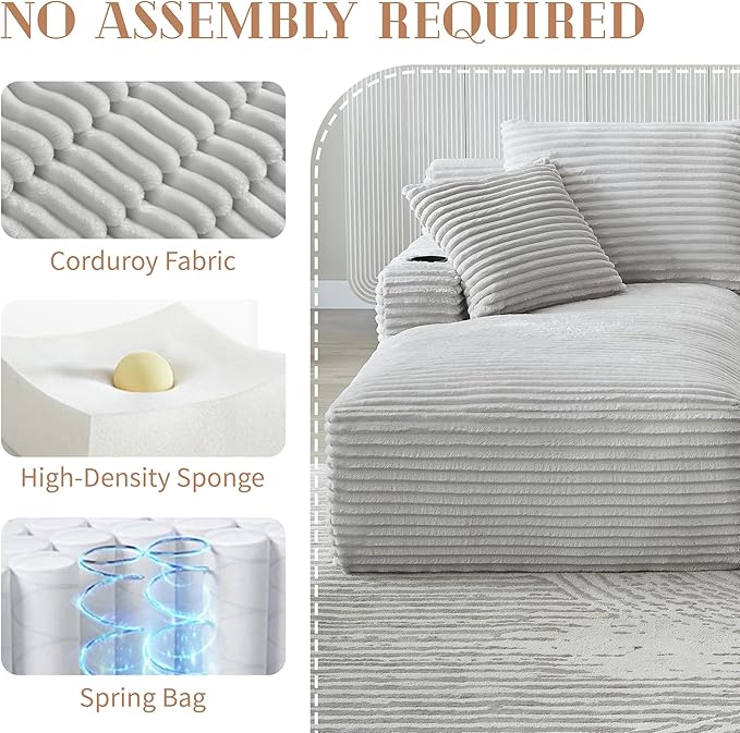 Double Chaise Lounge Sofa Boneless Cloud Couch Bed with Cup Holders and Side Pockets Comfy Deep Seat Sleeper Sectional Loveseat Chair for Living Room (Light Grey 2 Seat)