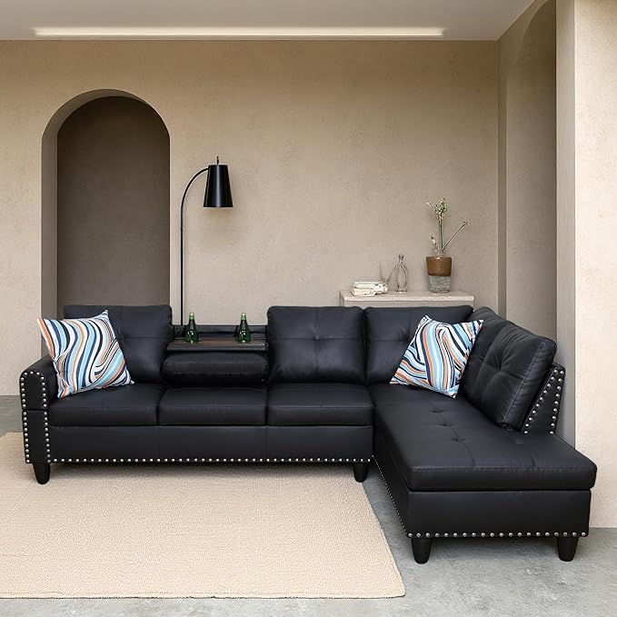Sectional Couches for Living Room Convertible 4 Seat Modular Sectional Sofa Set for Living Room L Shaped Couch Modern Sofas for Apartment/Office Black