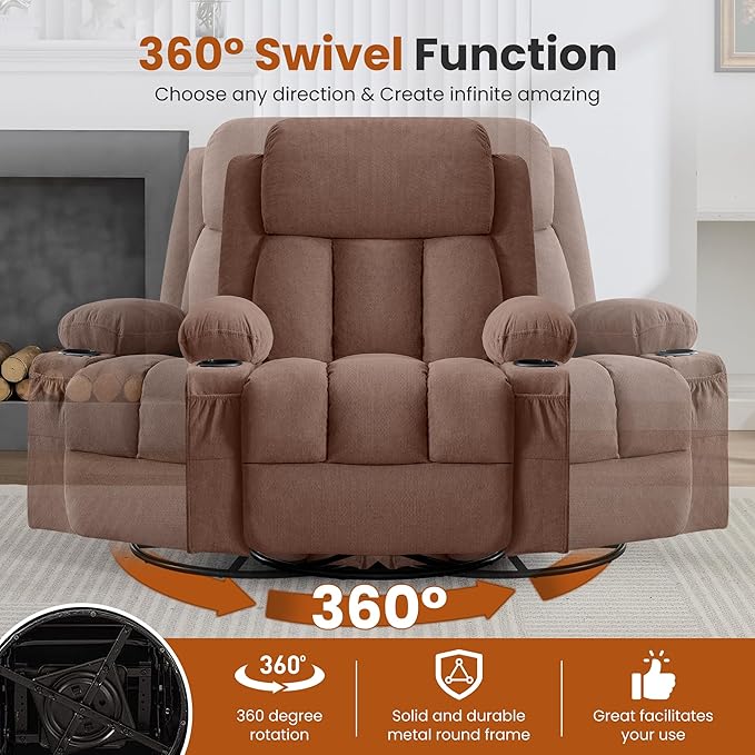 Swivel Rocker Recliner Chair with Vibration Massage and Heat for Living Roomwith Rocking Function and Side Pocket USB Charge Port2 Cup Holders