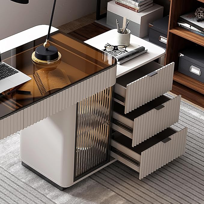Lartis Office Desk Very Easy to Assemble Computer Desk Home Telescopic Writing Desk Modern Computer Desk with Retractable Cabinet Built-in LED Lights (Ivory 50 in)