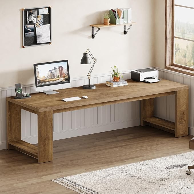 Tribesigns Two Person Desk 86.6 Inches Extra Long Desk Double Computer Writing Table Wood Large Desks Workstation for Home Office Natural Wood