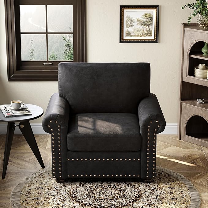 ONBRILL Nailhead Trim Accent Chair Faux Leather Club Chair for Living Room Comfy Armchair with Springs Cushions &amp Solid Wood Legs Traditional Rolled Arms Single Sofa for Bedroom Apartment Bla