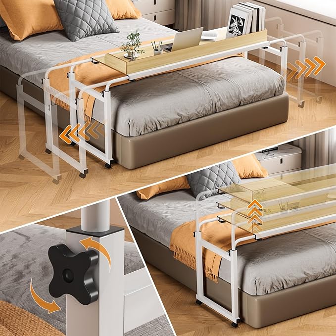 Adjustable Height Overbed Table Rolling Overbed Bedside Desk with Raised Baffle and Spacious Desktop Over BedTable with Wheels for Home Office Bedroom Hospital Use (Wooden Color1)
