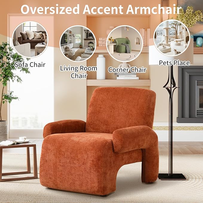 Chenille Oversized Armchair Extra Large Accent Reading Chair for Adults Comfy Mid-Century Modern Accent Chair Lounge Chair Arm Chairs for Living Room Bedroom(Brown)