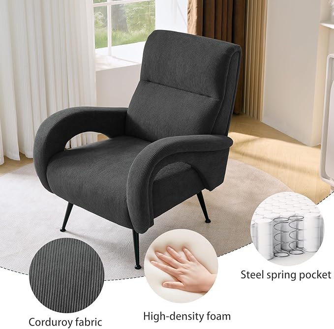 Corduroy Accent Chairs for Living Room High Back Reading Chairs for Bedroom Mid-Century Modern Comfy Upholstered Armchar for Bedroom Reading Nook Apartment Dark Grey