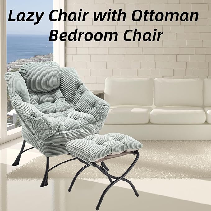 Ergonomic Modern Lazy Chair with Ottoman - Comfy Upholstered Lounge Reading Armchair with Footrest Space-Saving Accent Chair for Living Room Bedroom Office (Light Green)