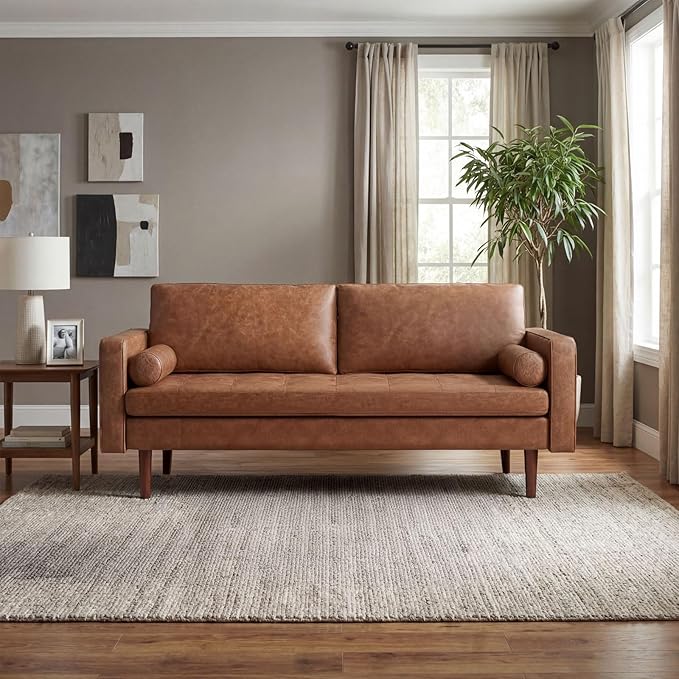 70 Mid-Century Modern Sofa Couch – Faux Leather Loveseat Sofa with Deep Seat &amp Solid Wood Frame – Includes 2 Accent Pillows – Brown Living Room Bedroom Office | Faux Leather Easy to Clean High