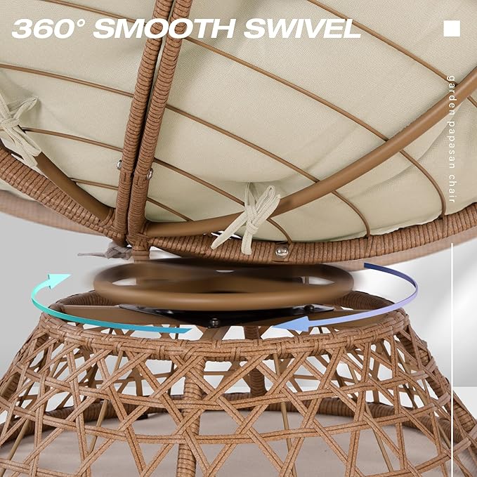 38'' 360 Degree Swivel Wicker Papasan Chair with Cushion and Base - Thickened Rattan Swivel Papasan Chair with Soft Cushion and Durable Frame Oversized Reading Chair for Living Room Beige