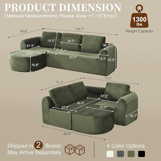 108” Modular Sectional Sofa Boneless Couches for Living Room Deep Seat L-Shape Cloud Couch with ChaiseComfy Sofa Freely Change Configurations No Assembly RequiredSoft Plush Corduroy Fabric(Green)