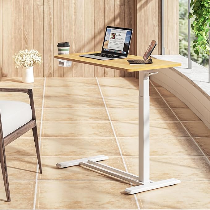 SANODESK Mobile Standing Desk with Hidden WheelsPneumatic Laptop Desk Rolling Computer Cart Movable Height Adjustable Small Sit Stand Desk for Home Office(31.5 W x 17.7 DMaple)