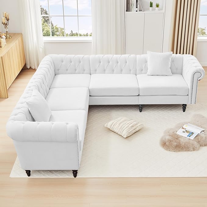 AVZEAR Chesterfield Modular Sectional Sofa Comfy Linen Fabric Couch Sectional with 2 Pillows Modern Upholstered Couches Living Room Furniture Sets for Living Room Bedroom and Apartment White