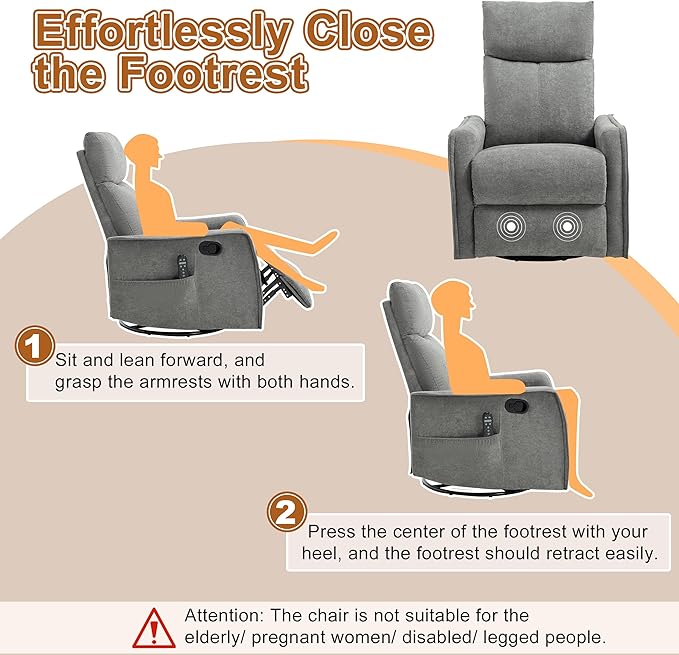 Manual 360° Swivel Rocker Recliner Chair for Adults Overstuffed Glider Chair for Nursery with Vibration Massage &amp Heat Comfy Soft Fabric Recliner Chair with Side Pockets for Living Room Light G