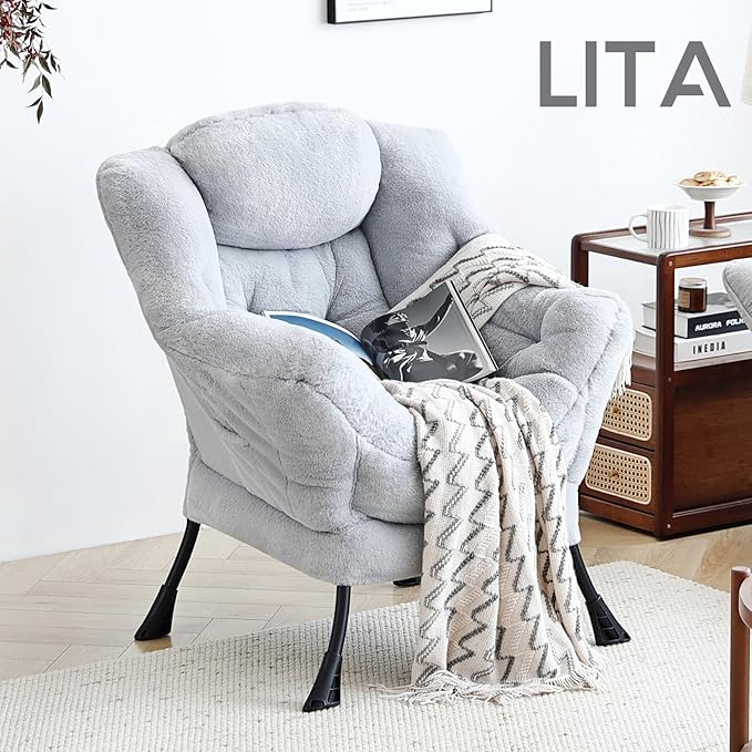 LITA Lazy Chair with Armrests and Side Pocket Modern Upholstered Accent Reading Chair for Living Room Bedroom Dorm Small Spaces Single Plush Grey