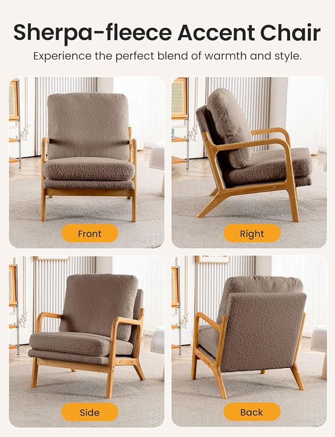 Mid Century Modern Accent Chairs for Living Room 23” Wide Comfy Chair for Bedroom Small Cozy Sherpa Reading Chairs for Adults 108° Lounge Arm Chair Indoor with Detachable Cover 5.5 Foam Cushion