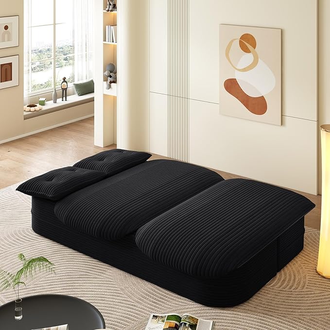 78.7 Convertible Sleeper Sofa Bed with 2 Soft Pillows 2-in-1 Fold Out Couch Upholstered in Luxurious Plush Corduroy Fabric Deep Seat Couch for Living Room Bedroom Guest Room Black