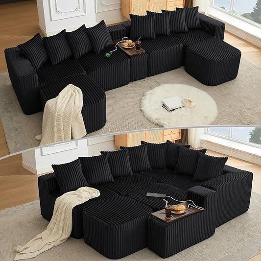137.5 U Shaped Sofa Couch with USB Wireless Charge &amp Coffee Table Board with a Cup Holder 6 Seats Oversize Modular Corduroy Sectional SofaNo Assembly Black