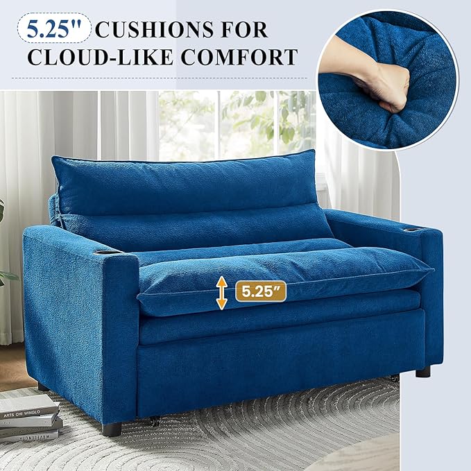 56.3 Convertible Sleeper Sofa Bed 3 in 1 Velvet Pull Out Loveseat Couch Modern Comfy Thick Cushion Futon with Adjustable Backrest &amp 2 Cup Holders Space Saving for Living Room Small Apartment B