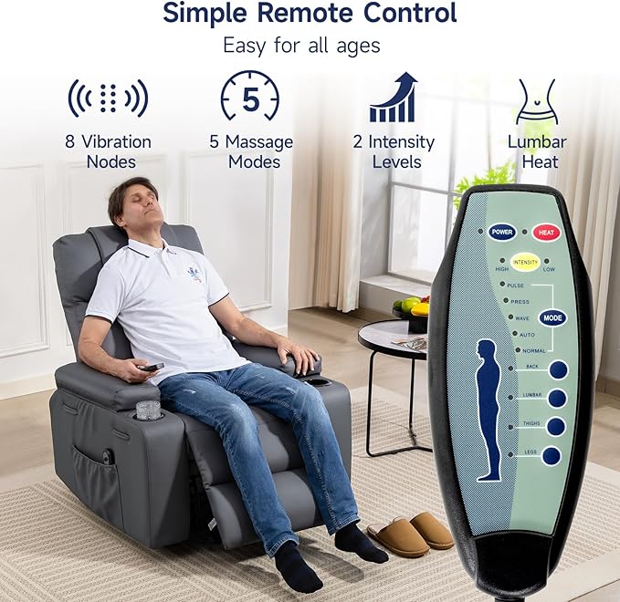 Brage Living Power Lift Recliner Chair for Elderly with Massage &amp Heat PU Leather Electric Recliner with 160° Adjustable Recline Stand Assist Remote Control Cup Holders &amp Side Pockets (Gra